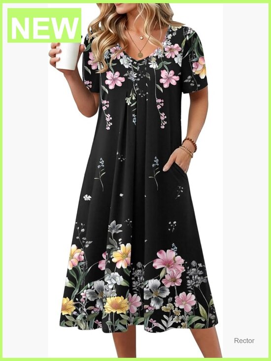 Dresses & Skirts - Women's Floral Midi Sundress with Pockets V Neck Short Sleeve Pleated A-Line